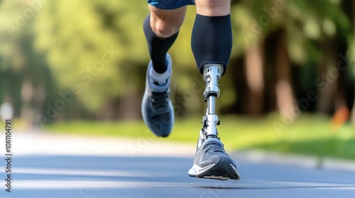 Close-up of an athlete with a prosthetic leg running on a road, symbolizing strength, resilience, and adaptive sports.