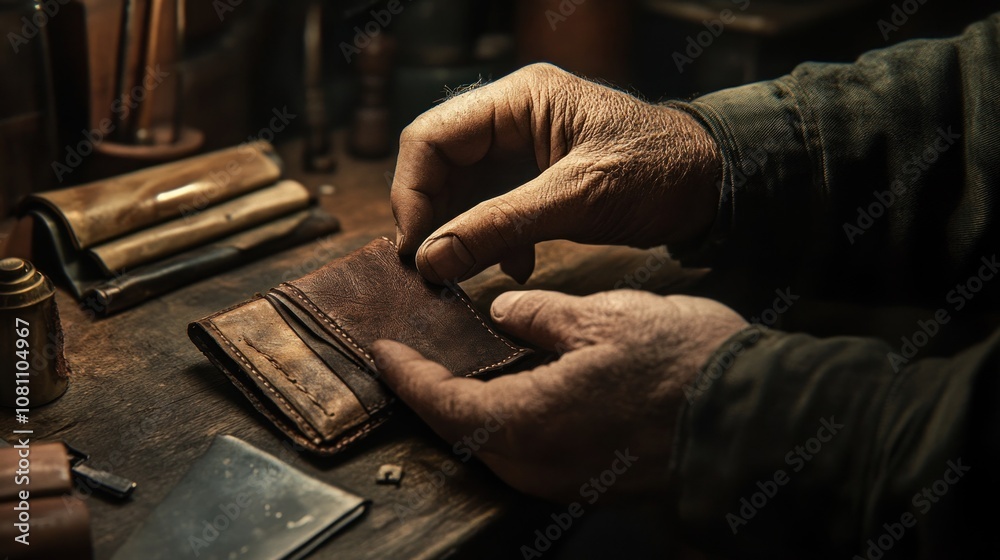 Artisan's Hands Crafting a Leather Wallet Artisan's Hands Crafting a Leather Wallet