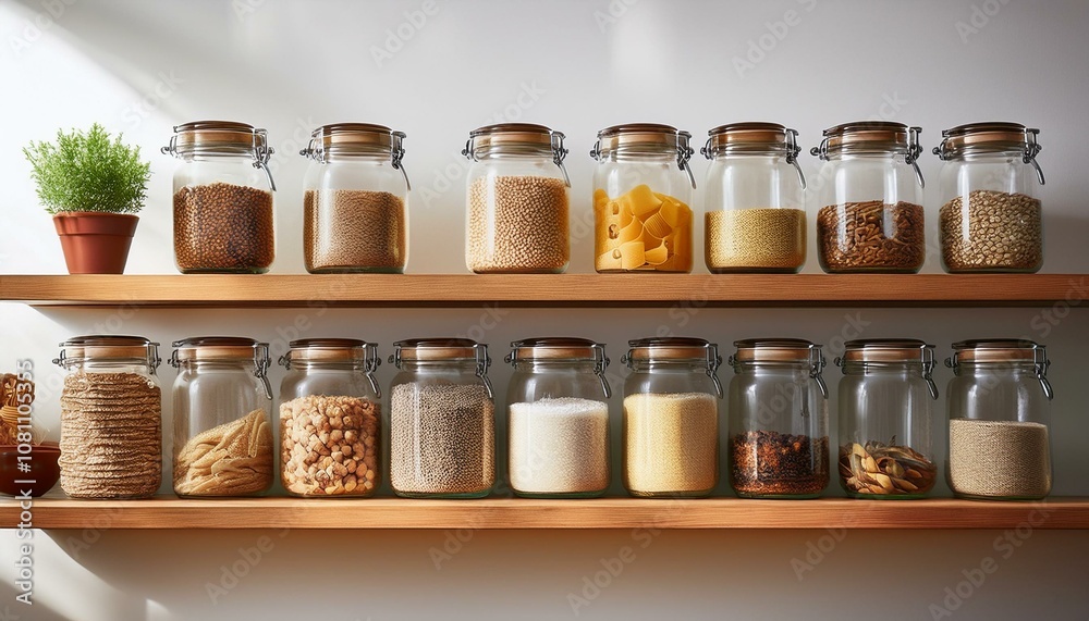 Clean and Organized Pantry Shelf with Jars Clean and Organized Pantry Shelf with Jars