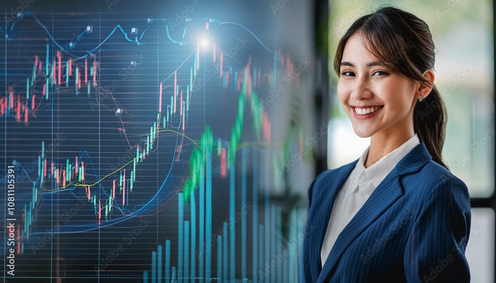 Candid asian businesswoman analysing stock market trends and data on a digital tech screen
