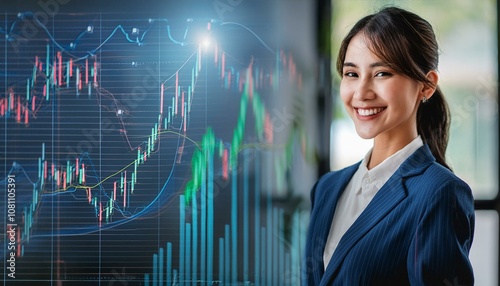 Candid asian businesswoman analysing stock market trends and data on a digital tech screen