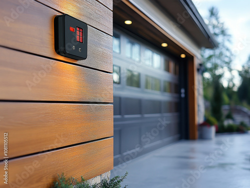 Theft and burglary prevention. A modern exterior view featuring a stylish garage door with wooden paneling and a sleek home automation device mounted on the wall. photo