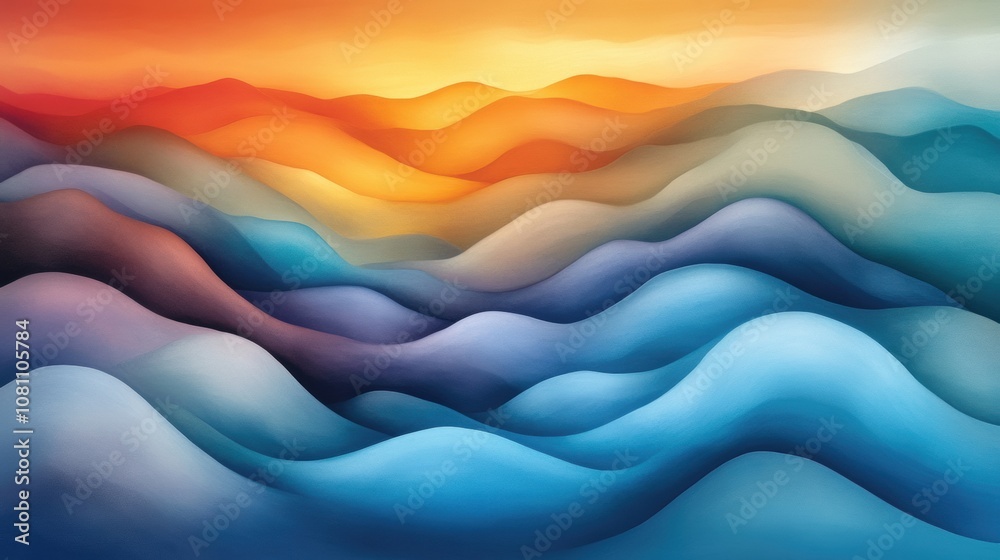 Vibrant abstract landscape with colorful, flowing hills under a warm, glowing sky, AI