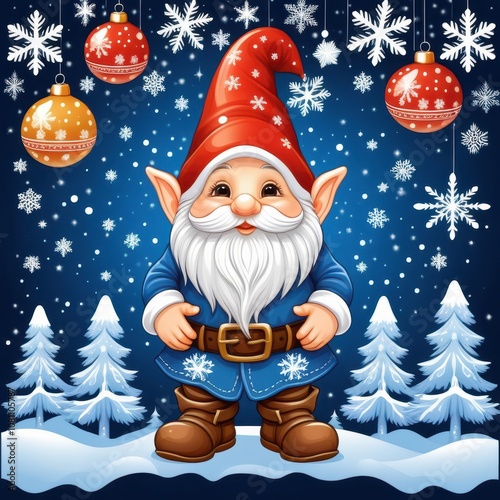 Charming festive gnome in vector, wearing holiday decor, snowflakes, and colorful New Year's lights