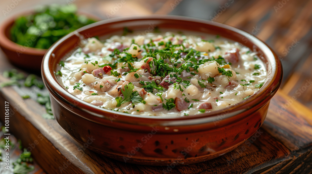 Creamy bean and potato stew with herbs in ceramic bowl Creamy bean and potato stew with herbs in ceramic bowl