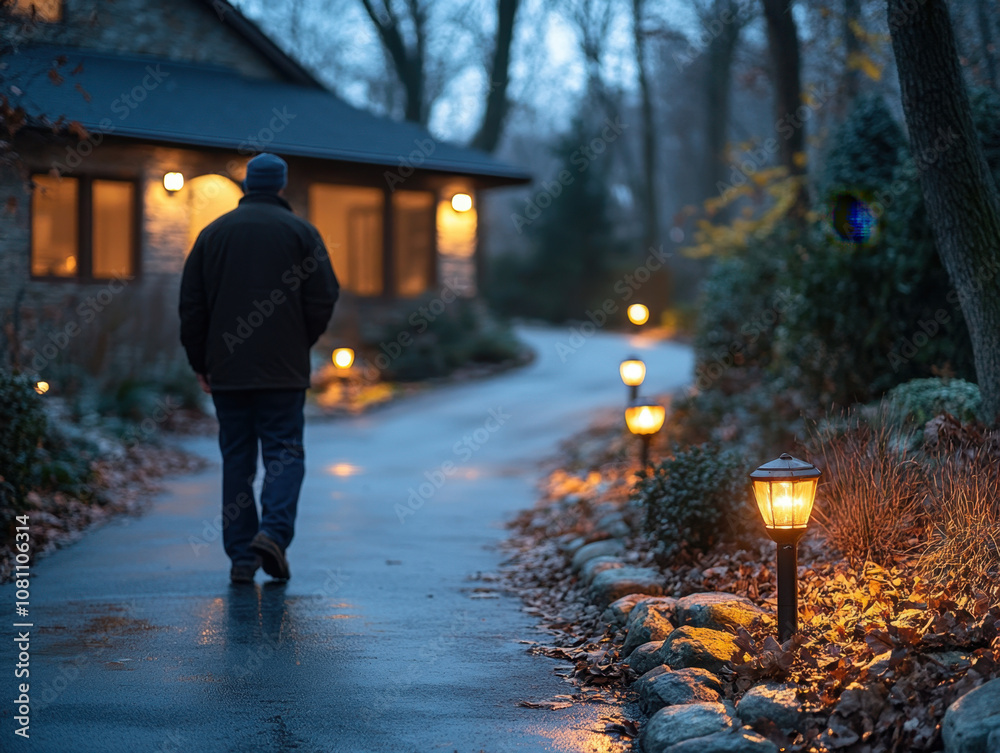 Theft and burglary prevention. A person walking along a dimly lit path lined with glowing lanterns beside a cozy house, surrounded by trees in a serene evening setting. Theft and burglary prevention. A person walking along a dimly lit path lined with glowing lanterns beside a cozy house, surrounded by trees in a serene evening setting.