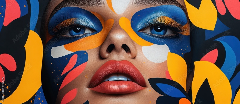 Close-up of a woman's face with colorful makeup and abstract floral patterns. Close-up of a woman's face with colorful makeup and abstract floral patterns.