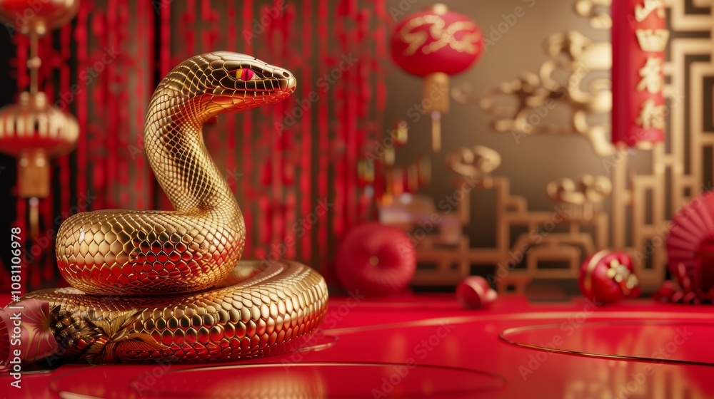 Festive and Elegant Gold Snake Graphic for Chinese New Year Celebrations Generative AI