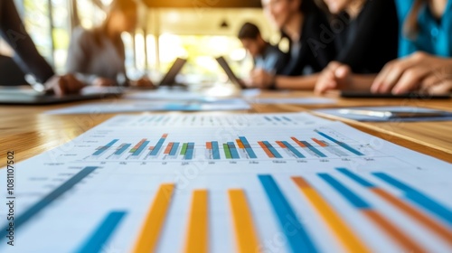 Business Team Analyzing Financial Charts and Graphs, Collaborating on Data Analysis During a Meeting