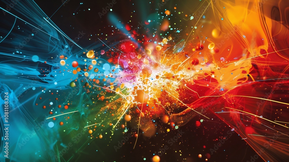 Colorful representation of positrons interacting with electrons in a particle collision Colorful representation of positrons interacting with electrons in a particle collision