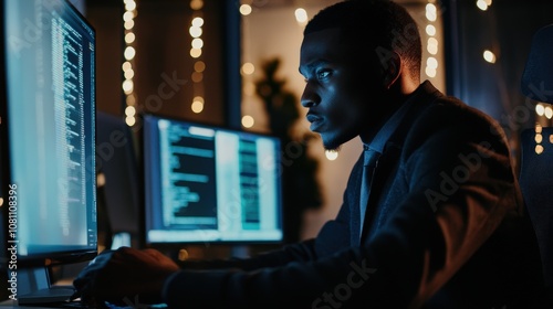 Man Working Late at Night on a Computer photo