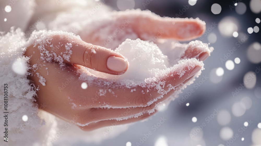 Fototapeta premium Hands applying winter moisturizer with a soft-focus snowy background, highlighting rich, creamy textures