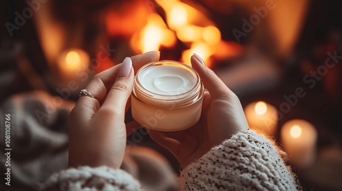 Hands applying winter night cream, with a cozy fire glowing in the background for a comforting feel