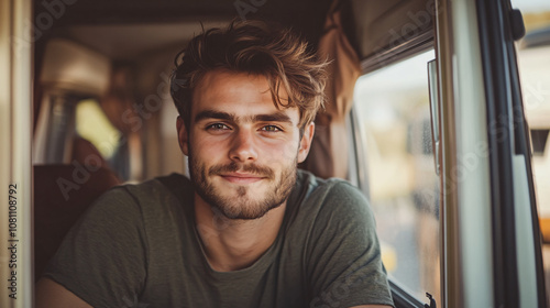 Portrait of a young man smiling and relaxing inside his camper van during a road trip