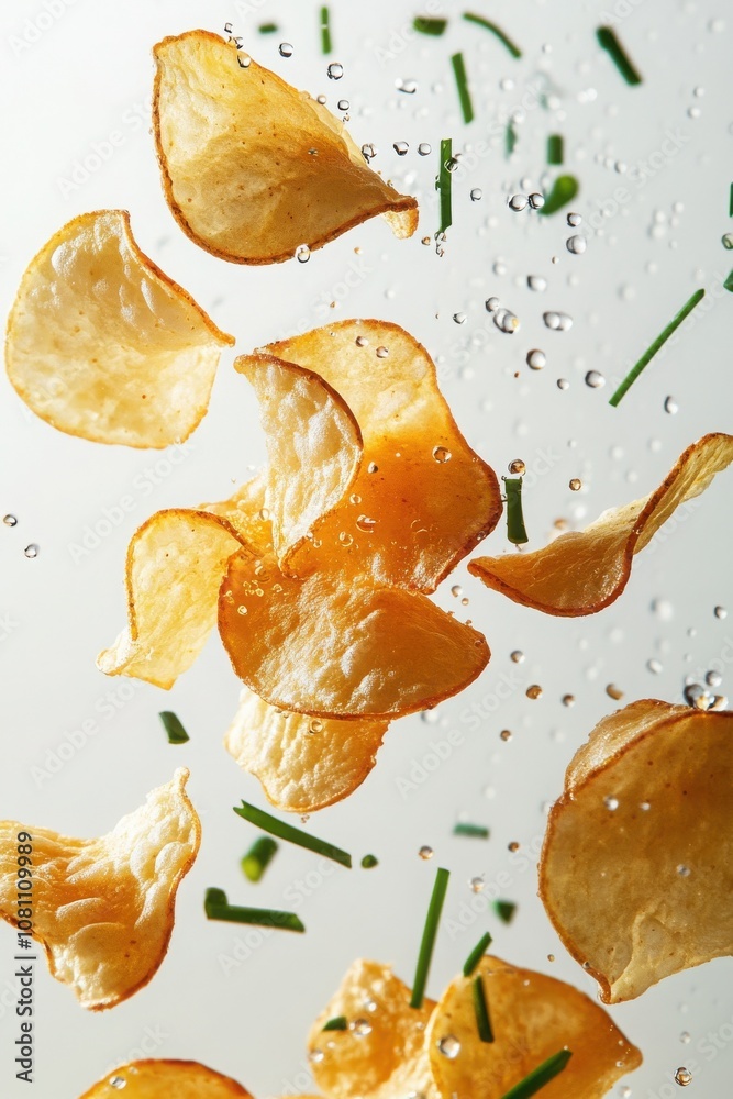 Floating potato chips with dipping sauce and chives in motion Floating potato chips with dipping sauce and chives in motion
