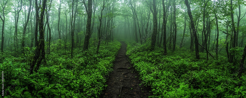 Fototapeta premium Misty forest path surrounded by lush green trees, creating a serene and mysterious atmosphere.