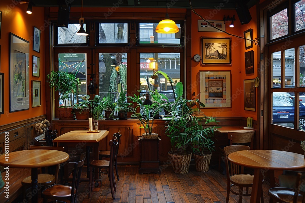 Fototapeta premium A warm and inviting cafe features wooden tables, lush plants near large windows, and soft lighting, creating a serene atmosphere perfect for relaxation or studying on a rainy day