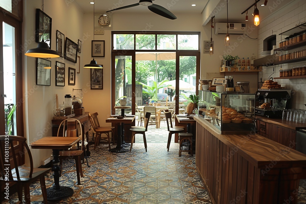 This inviting cafe features wooden tables and chairs, vintage decorations, and large windows allowing sunlight in. A charming ambiance is enhanced by lush greenery outside in the background This inviting cafe features wooden tables and chairs, vintage decorations, and large windows allowing sunlight in. A charming ambiance is enhanced by lush greenery outside in the background