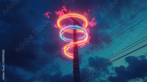 Hovering neon spirals wrapping around a lone telephone pole photo