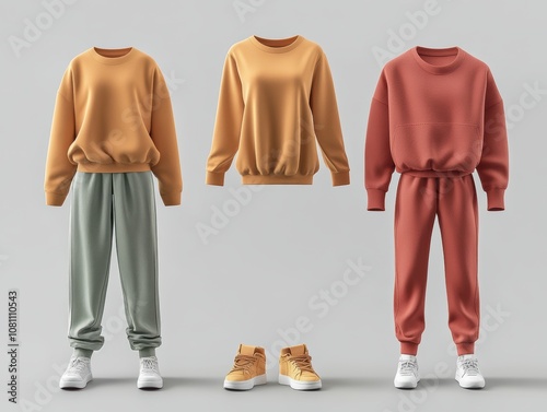 Three sweatsuits with different color combinations.