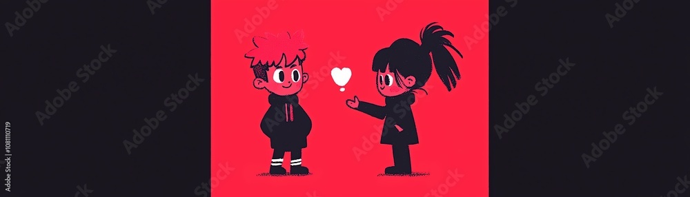 Artistic cartoon of two characters with a heart gesture on a bold red background. Artistic cartoon of two characters with a heart gesture on a bold red background.