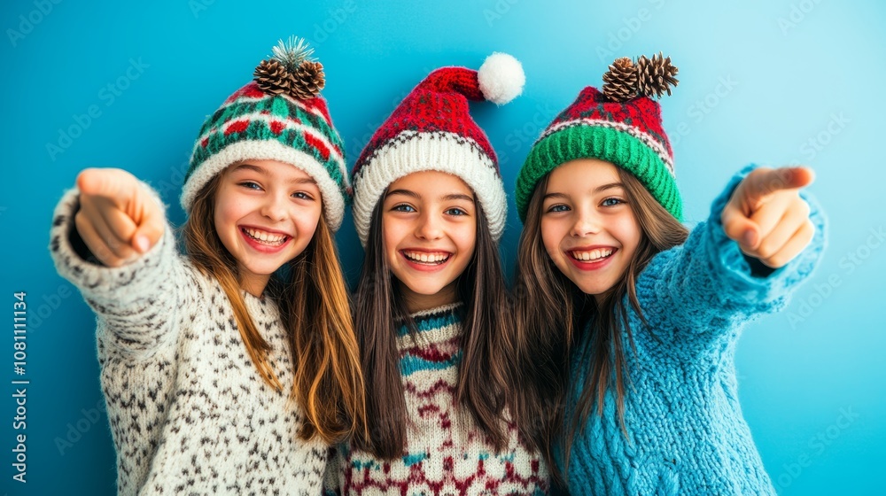 Three girls in cozy sweaters and knitted hats point playfully at the camera. Three girls in cozy sweaters and knitted hats point playfully at the camera.