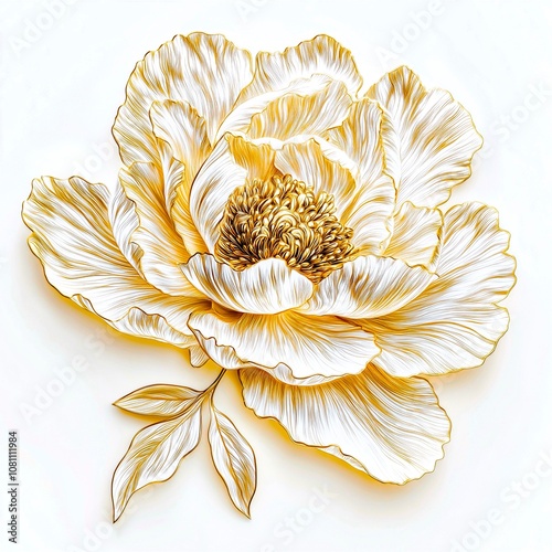 3d, luxury golden peony flower line art on white background