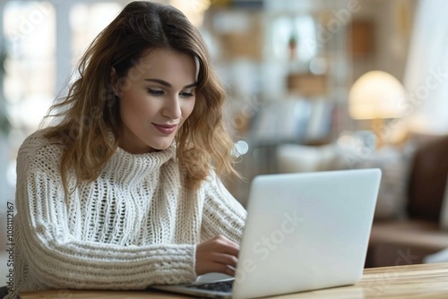 The girl in the photo looks happy and focused as she sits at her desk working as an executive, typing on her laptop.