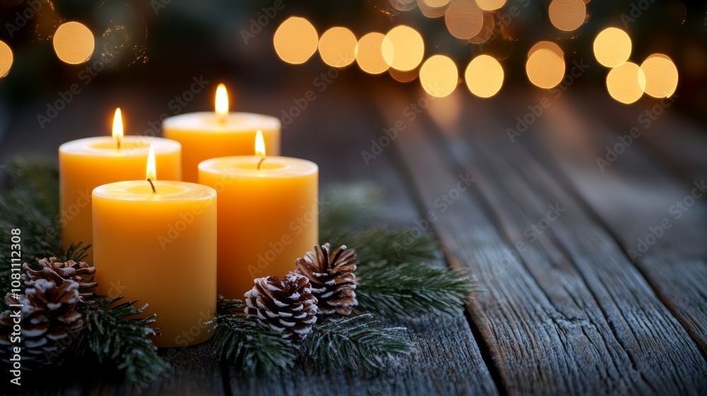 Warm candlelight on a table with pine cones, soft glowing lights in the backdrop. Warm candlelight on a table with pine cones, soft glowing lights in the backdrop.