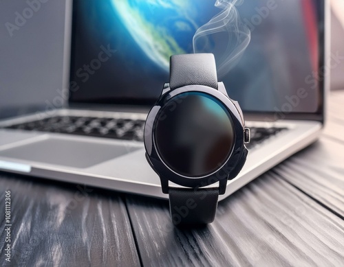 Charging a smart watch on a background of a laptop and an empty computer screen photo