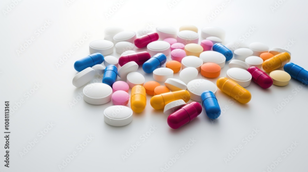 A vibrant assortment of scattered pills and capsules creates a colorful mosaic on a clean, white surface, suggesting healthcare and medication. A vibrant assortment of scattered pills and capsules creates a colorful mosaic on a clean, white surface, suggesting healthcare and medication.