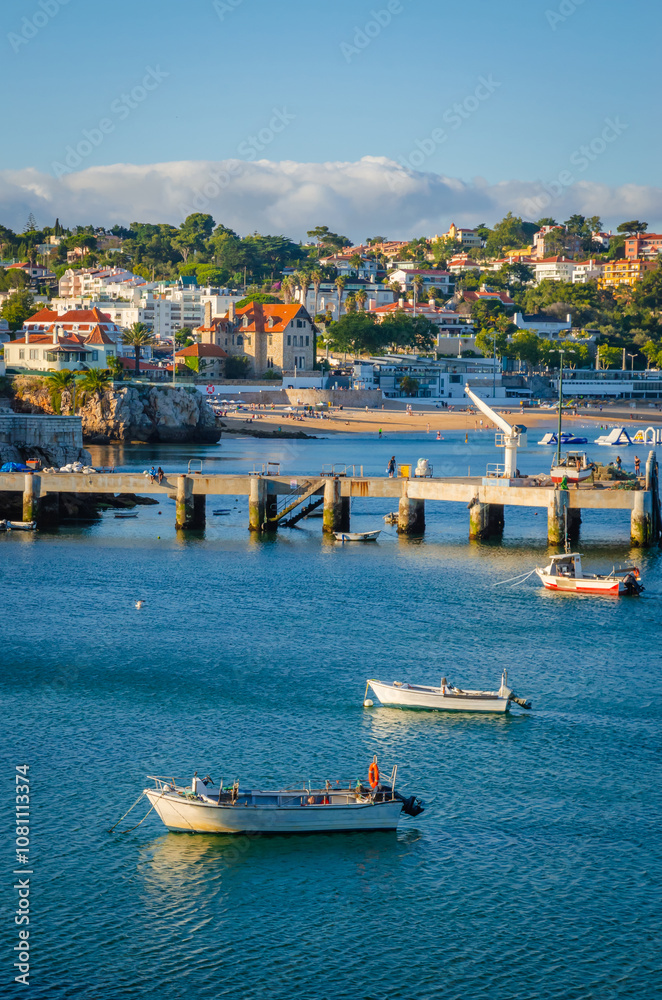 Beautiful coast of old town Cascais, Portugal, at sunset in summer day