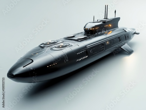 A black submarine with glowing lights. photo