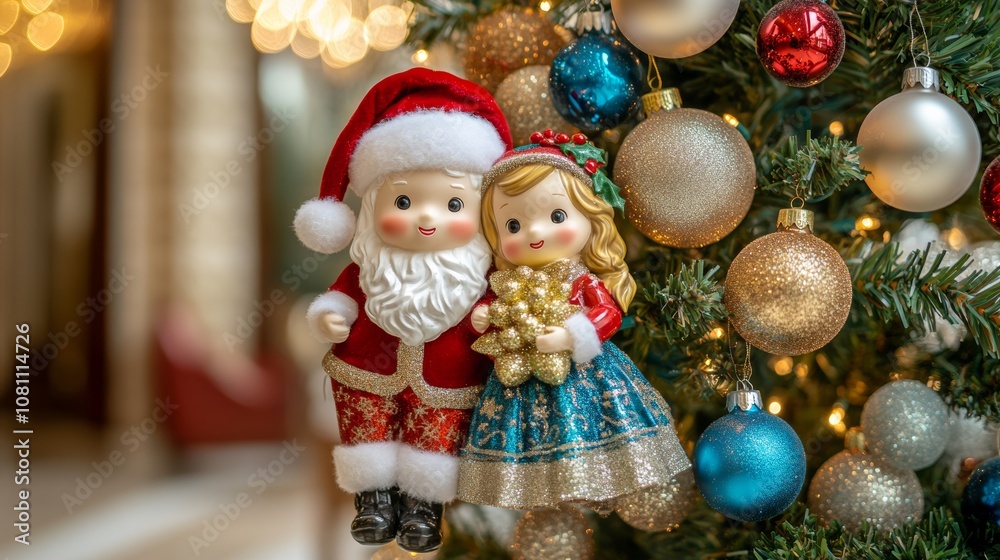 Two festive ornaments and a Santa Claus figure adorn a vibrant Christmas tree.