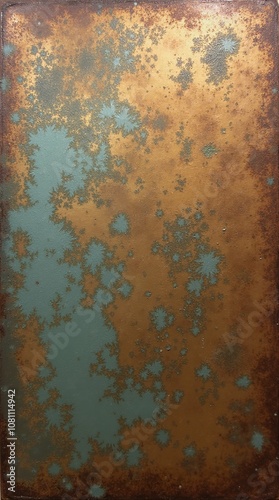 A textured surface, showcasing a blend of rust-colored and teal-hued patterns. photo