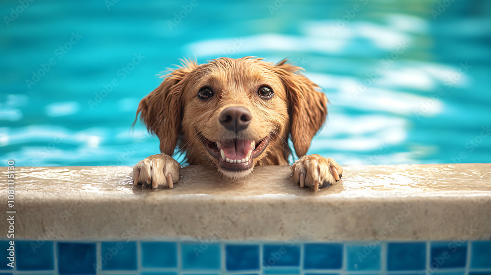 Joyful golden retriever enjoying a refreshing swim in a crystal-clear pool on a sunny summer day, adding a splash of fun to the carefree summer vibe Joyful golden retriever enjoying a refreshing swim in a crystal-clear pool on a sunny summer day, adding a splash of fun to the carefree summer vibe