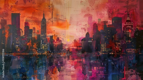 An abstract watercolor painting depicting a cityscape with tall skyscrapers and a vibrant sunset over the horizon.