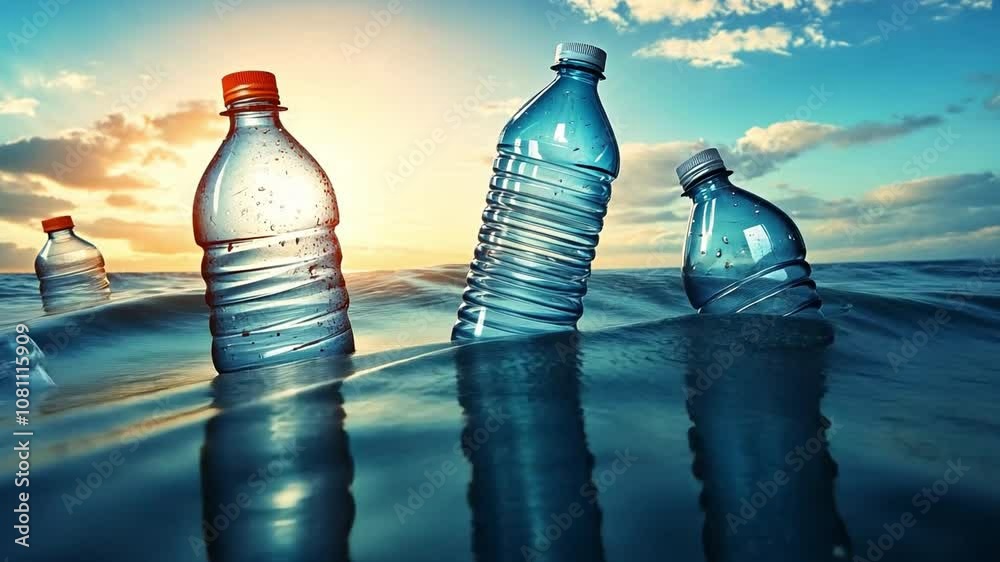 Several plastic bottles bobbing in ocean waves during a beautiful sunset, raising awareness about marine pollution issues