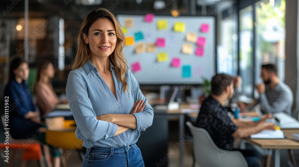 Businesswoman with folded arms smiling in a contemporary office, with her team working in the background Businesswoman with folded arms smiling in a contemporary office, with her team working in the background