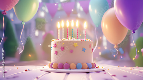 Cake with candles, balloons, cute kids background, illustration, happy birthday card, cute kids background for girls