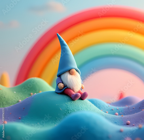 Charming gnome sitting on colorful hills with a rainbow in the background for whimsical art
