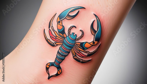 Vibrant scorpion tattoo design skin art personal body modification creative environment close-up perspective symbol of strength and resilience photo