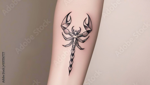 Scorpion tattoo design on arm body art minimalist style studio environment close-up view symbolism of strength and resilience photo