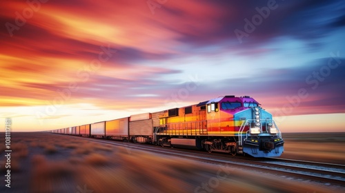 A vibrant freight train rushes through an open landscape under a mesmerizing sunset, where vivid colors paint the vast sky.