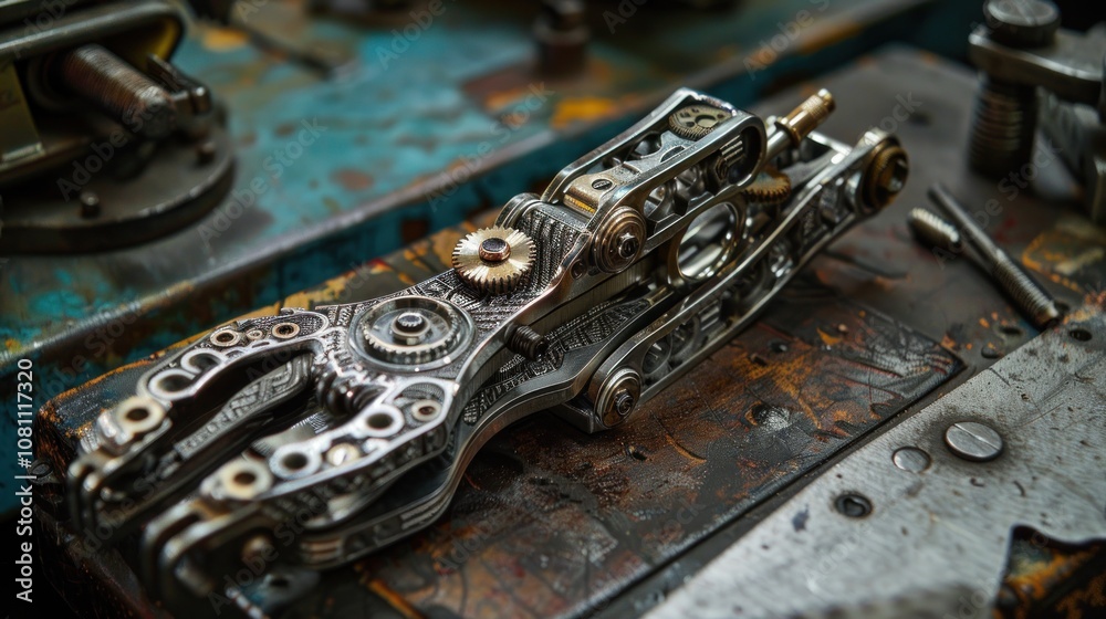 Close-up of a complex metallic mechanism with intricate gears and levers, resting on a worn metal surface. Close-up of a complex metallic mechanism with intricate gears and levers, resting on a worn metal surface.