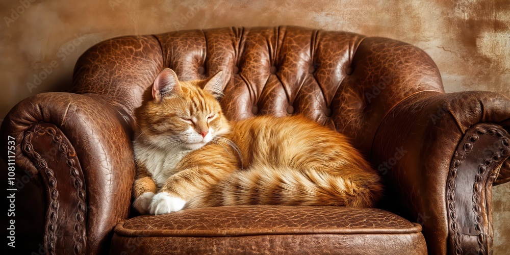 Obraz premium Orange tabby cat relaxing comfortably on vintage leather armchair in warm cozy room, peaceful feline moment concept