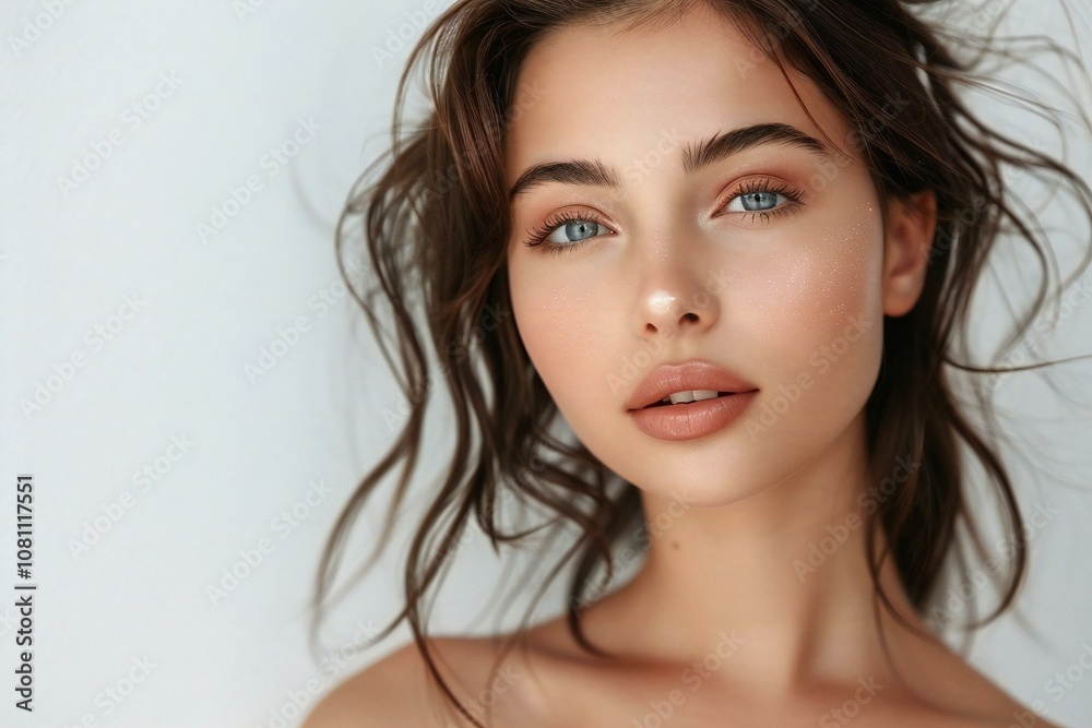 Young woman with flawless skin posing against a white background. Young woman with flawless skin posing against a white background.