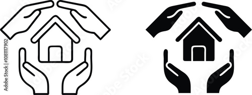 Two black and white icons depict a house surrounded by four hands, symbolizing protection and security.