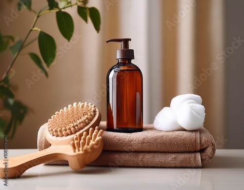brown glass bottle mockup for cosmetic products cotton towels and wood massager front view copy space cosmetics product mock up blogging minimal beauty concept brand packaging mock up