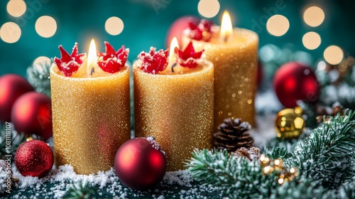 Glowing candles nestled in a festive Christmas wreath adorned with sparkling ornaments and lights.